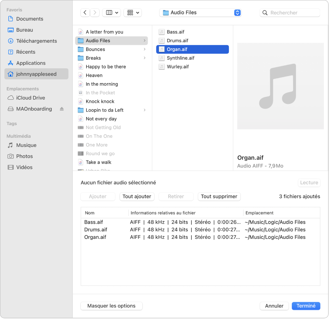 Figure. Zone de dialogue « Ajouter un fichier audio » affichant des fichiers à ajouter au navigateur audio du projet.