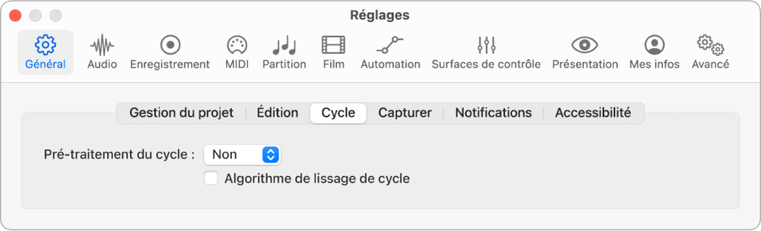 Figure. Réglages du cycle.