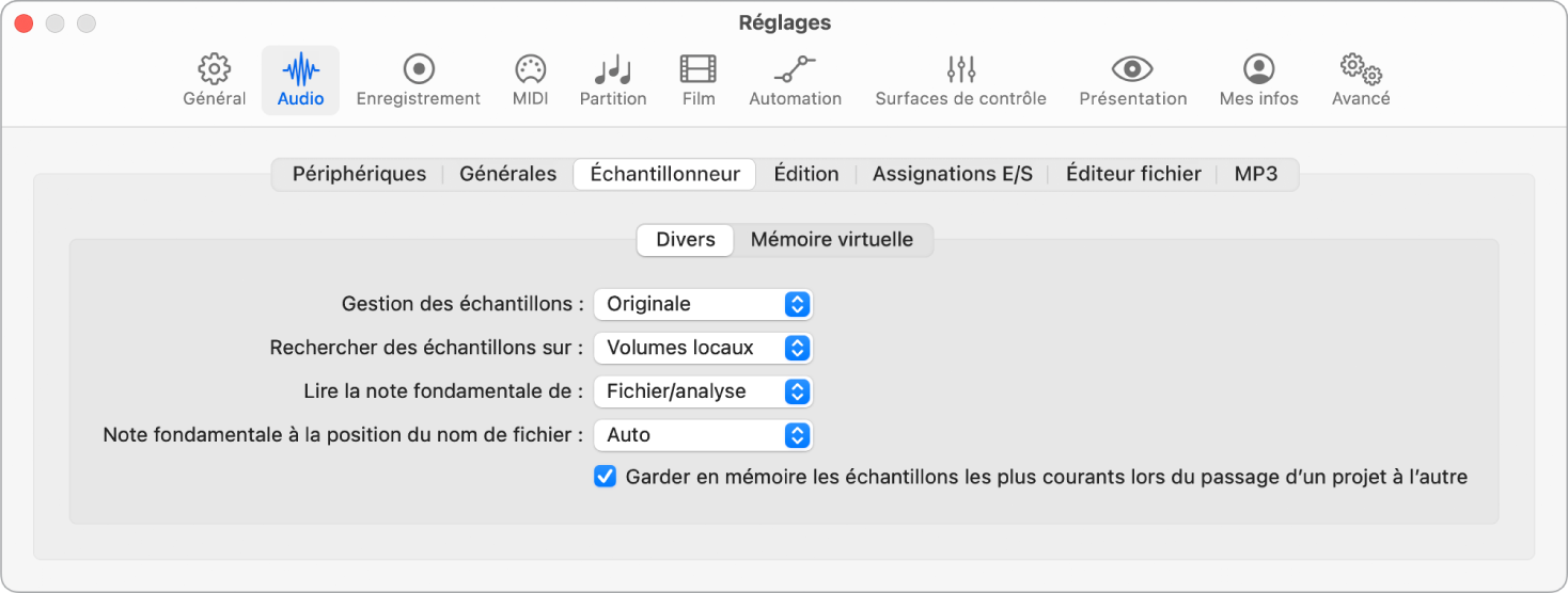 Figure. Réglages de l’échantillonneur