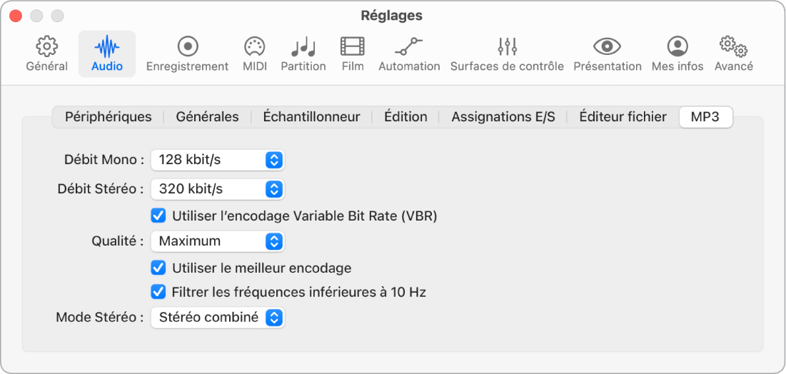 Figure. Réglages MP3.