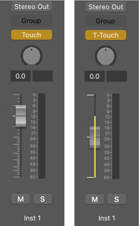図。トリムTouchモードに設定されているボリュームフェーダー。