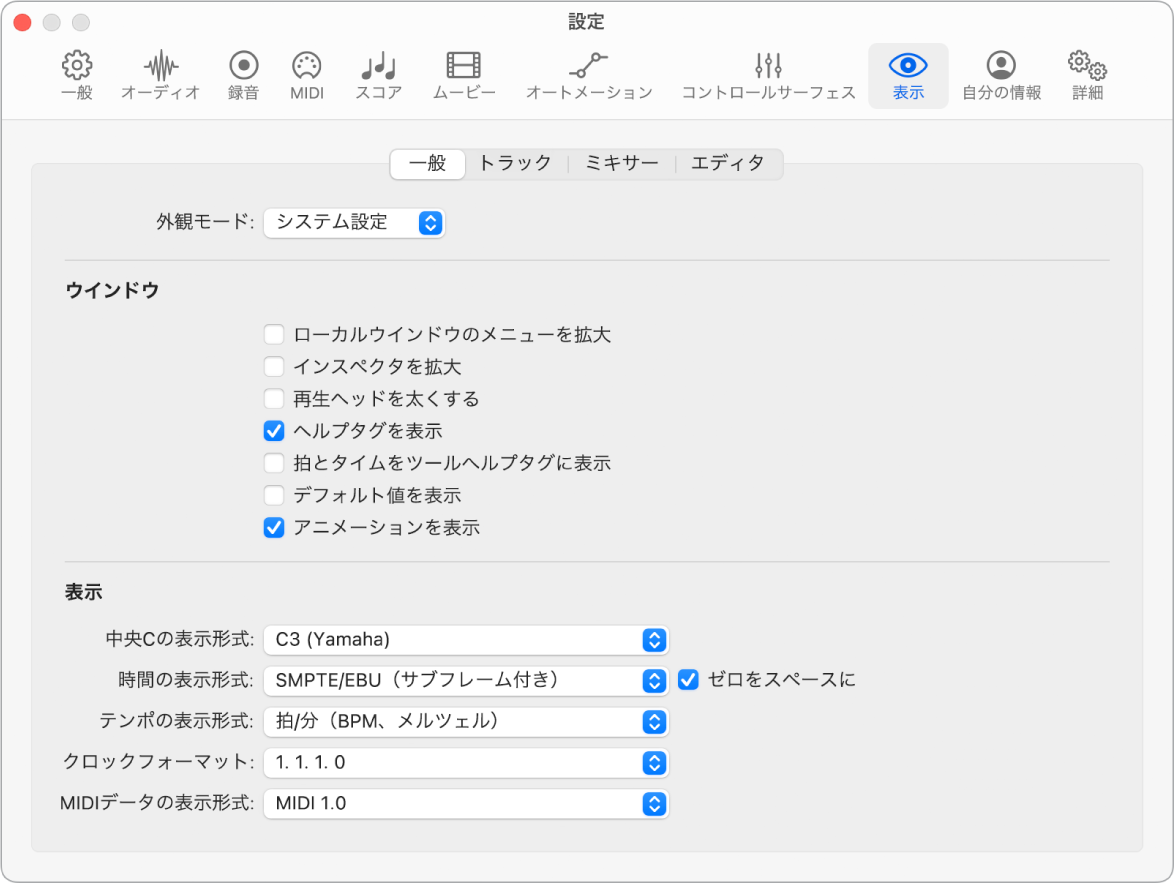 図。「表示」の「一般」設定。