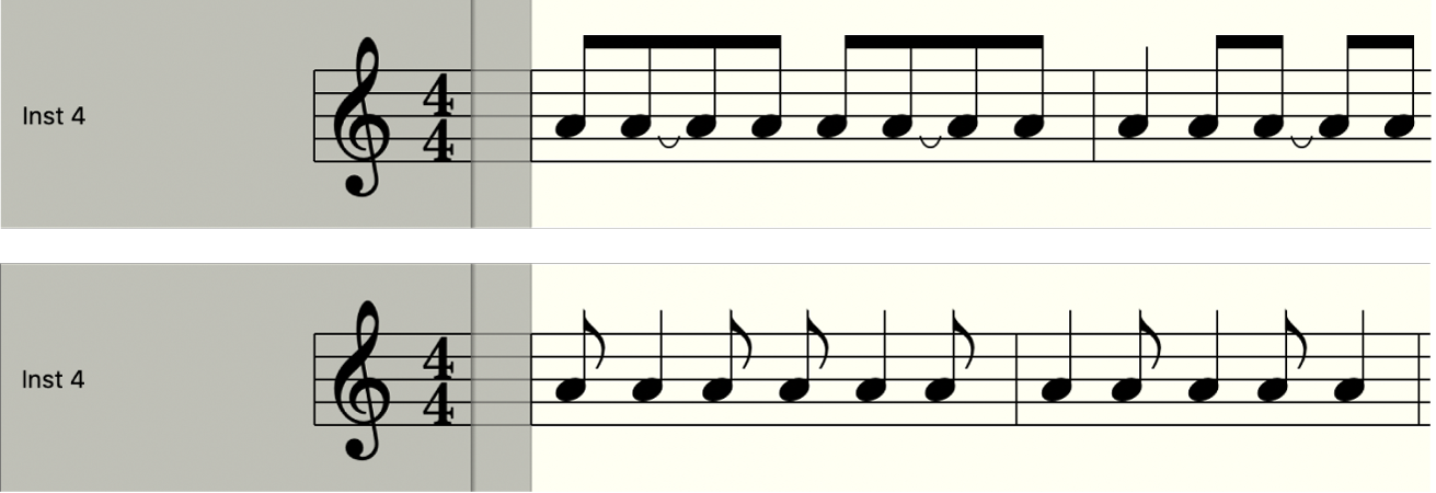 図。スコアエディタで「シンコペーション」をオフにした場合とオンにした場合の比較。