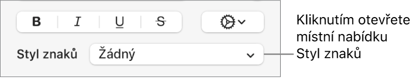 Místní nabídka Styly znaků pod ovládacími prvky pro změnu stylu a barvy textu.