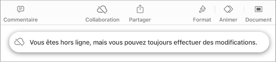 Les boutons en haut de l’écran, avec le bouton Collaboration remplacé par un nuage barré d’une ligne diagonale. Une alerte à l’écran indique « Vous êtes hors ligne, mais vous pouvez toujours effectuer des modifications ».