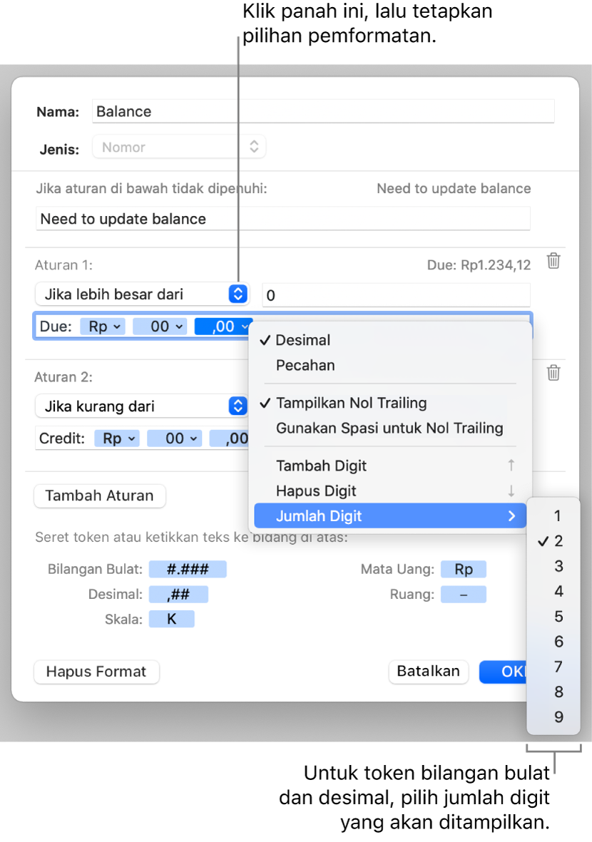 Jendela format sel khusus dengan kontrol untuk membuat pemformatan angka khusus.