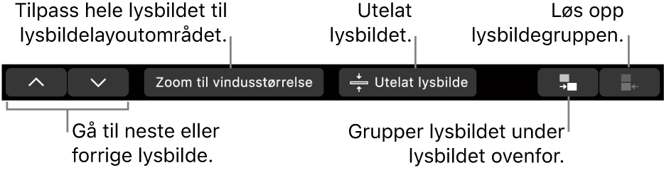 Touch Bar på MacBook Pro med kontroller for å navigere til neste eller forrige lysbilde, få plass til lysbildet i lysbildelayoutområdet, hoppe over et lysbilde og gruppere eller løse opp gruppering for et lysbilde.