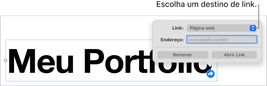 Controles do editor de links com “Página Web” selecionado e os botões Remover e “Abrir Link” na parte inferior.