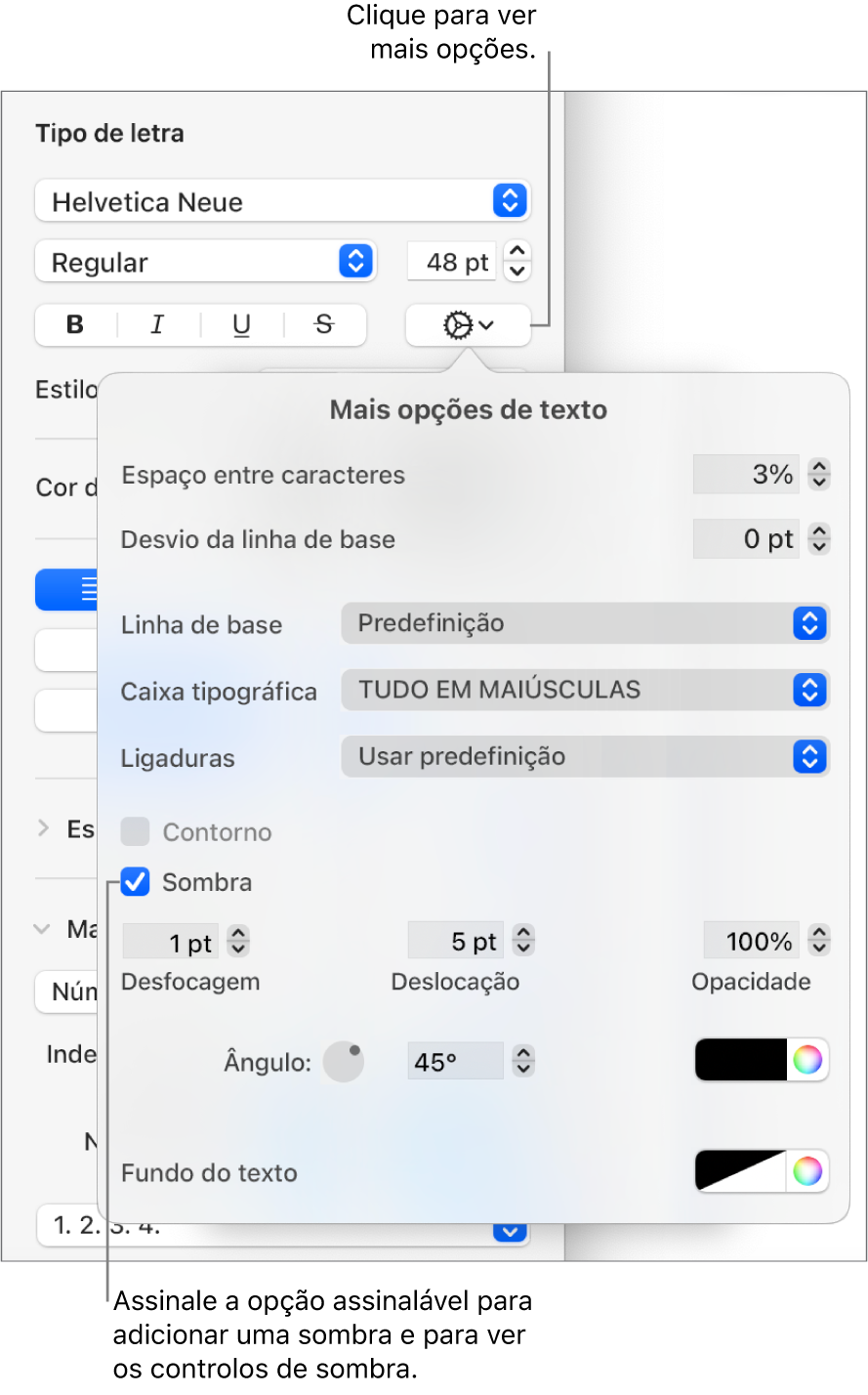 As “Opções avançadas” são abertas com a opção “Sombras” selecionada e os controlos para definir desfocagem, deslocação, opacidade, ângulo e cor.