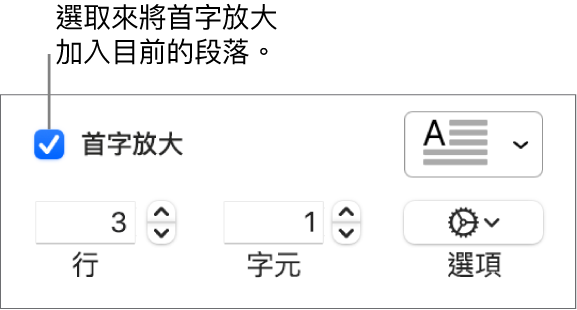 已選取「首字放大」註記框,其右方顯示彈出式選單;其下方顯示設定行高、字元數和其他選項的控制項目。