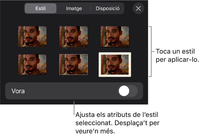 La pestanya Estil del menú Format amb estils d’objecte a la part superior i un control a sota per canviar la vora.