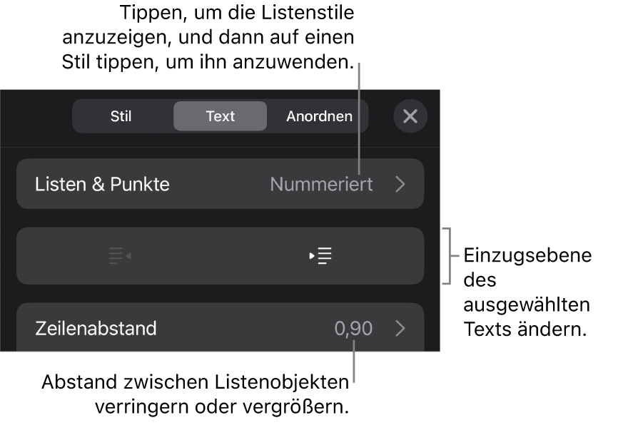 Der Abschnitt „Listen & Punkte“ der Formatsteuerungen mit Beschreibungen für „Listen & Punkte“, den Tasten „Einrücken“ und „Ausrücken“ und Steuerelemente für den Zeilenabstand