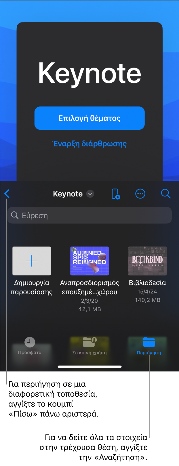 Ο διαχειριστής εγγράφων με κουμπιά για επιλογή θέματος και έναρξη παρουσίασης από μια περιγράμμιση στο πάνω μισό μέρος της οθόνης, και η περιήγηση εγγράφων με κοινόχρηστη παρουσίαση στο κάτω μέρος