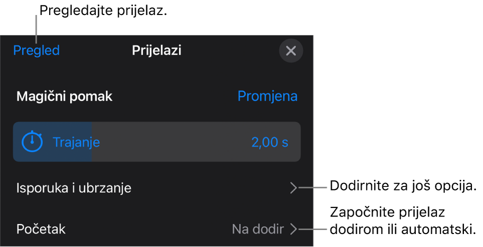 Kontrole za Magični pomak u prozoru Prijelazi.