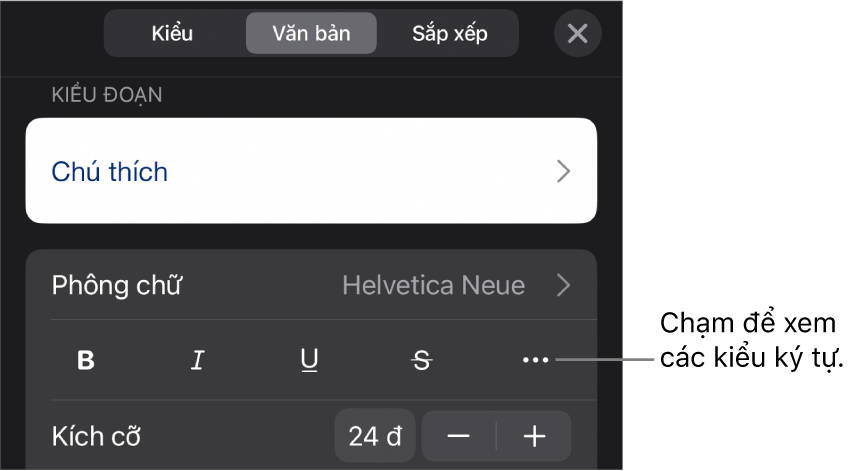 Các điều khiển Định dạng với các kiểu đoạn ở trên cùng, sau đó là các điều khiển Phông chữ. Bên dưới Phông chữ là các nút In đậm, In nghiêng, Gạch chân, Gạch xuyên và Tùy chọn văn bản khác.