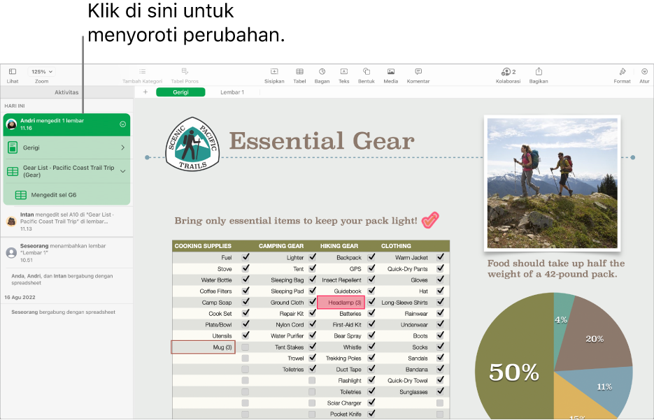 Spreadsheet kolaboratif dengan menu kolaborasi dan daftar aktivitas terbuka.