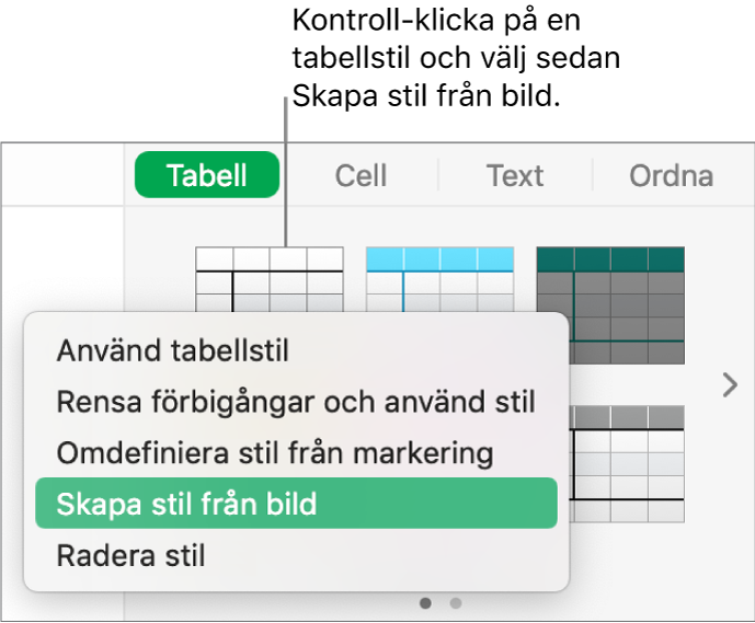 Kontextmenyn för tabellstilar.