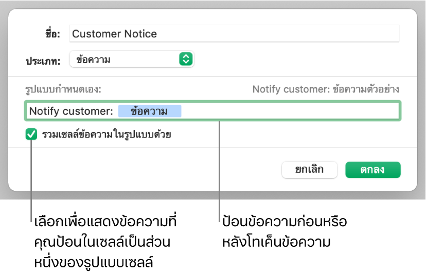 รูปแบบเซลล์ข้อความแบบกำหนดเอง