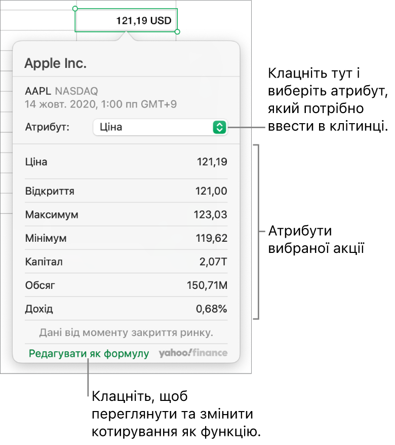 Діалогове вікно атрибутів акції, у якому вибрано акції Apple.