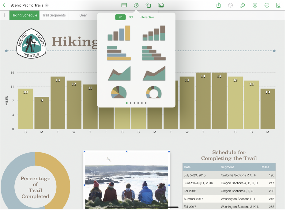 The Numbers window with the charts menu opened from the toolbar.