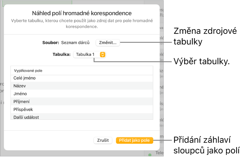 Zobrazený panel Náhled polí hromadné korespondence s volbami pro změnu zdrojového souboru nebo tabulky, pro náhled názvů polí hromadné korespondence a pro přidání záhlaví sloupců jako polí