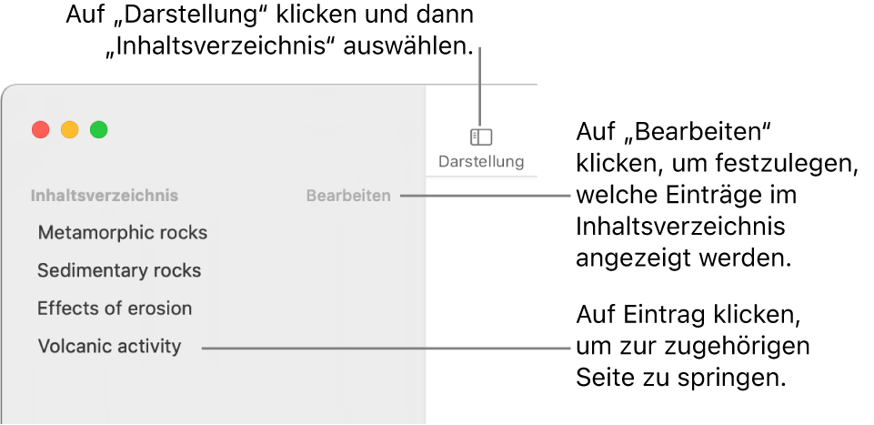 Das Inhaltsverzeichnis links im Fenster „Pages“ mit der Taste „Bearbeiten“ in der oberen rechten Ecke der Seitenleiste und dem Inhaltsverzeichnis in Listenform. Die Taste „Darstellung“ befindet sich über der Seitenleiste in der linken oberen Ecke der Pages-Symbolleiste.