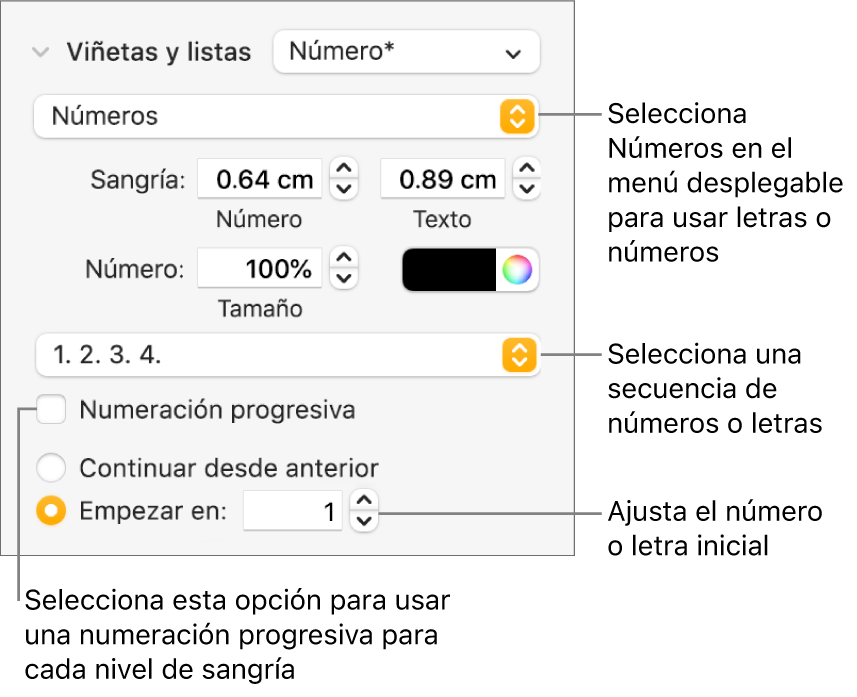 Controles para cambiar el estilo de numeración y el espaciado de una lista.