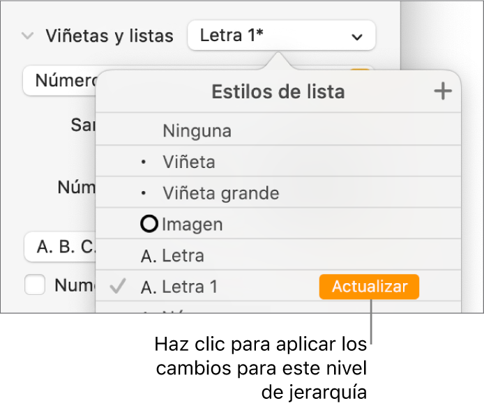 El menú desplegable Estilos de lista con el botón Actualizar junto al nombre del nuevo estilo.