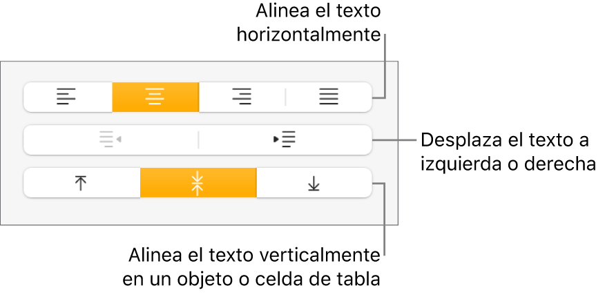 Sección Alineación del inspector de formato con botones para alinear el texto horizontal y verticalmente y botones para mover el texto a la izquierda o a la derecha.