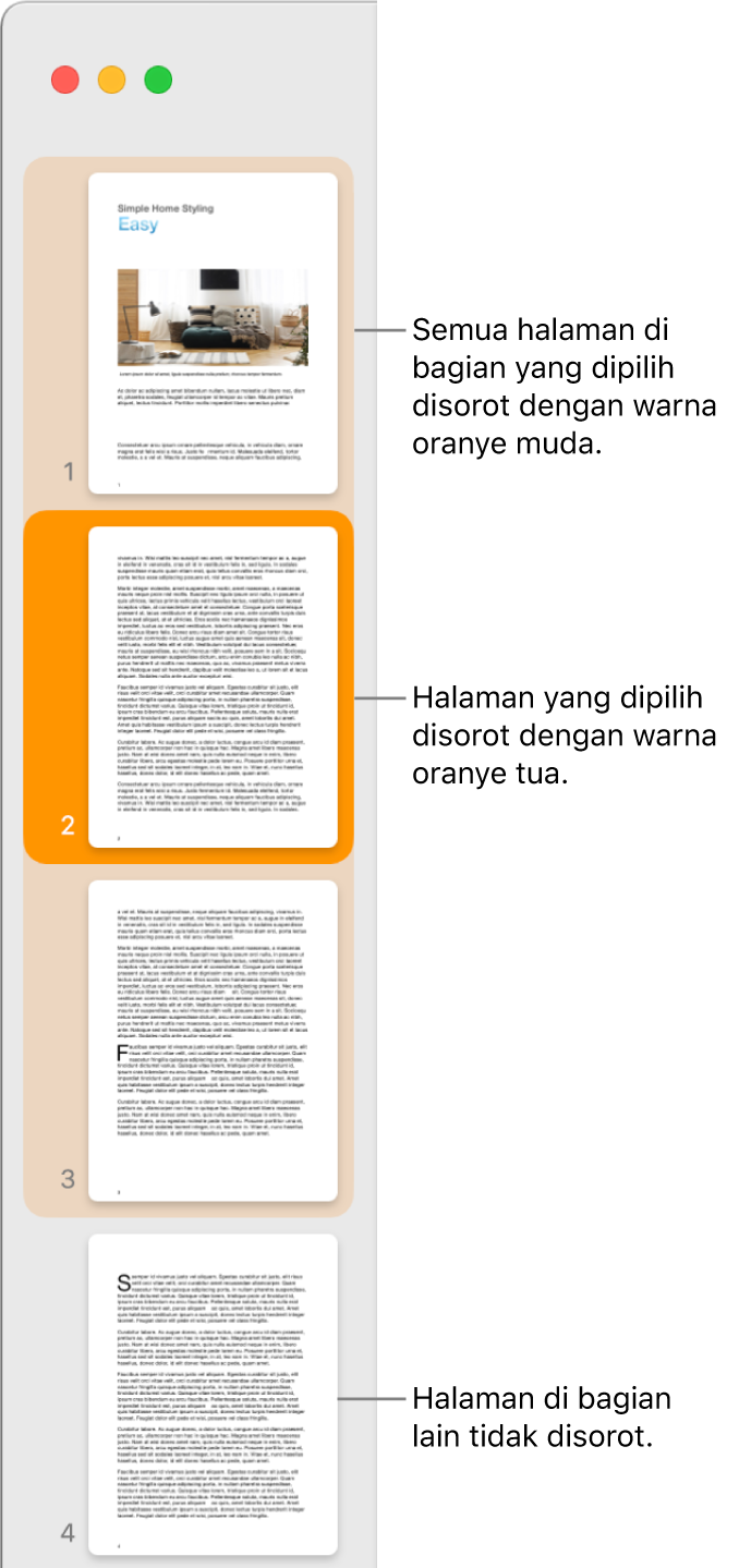Bar samping Tampilan Gambar Mini dengan halaman yang dipilih disorot dalam oranye gelap dan semua halaman di bagian yang dipilih disorot dalam oranye terang.