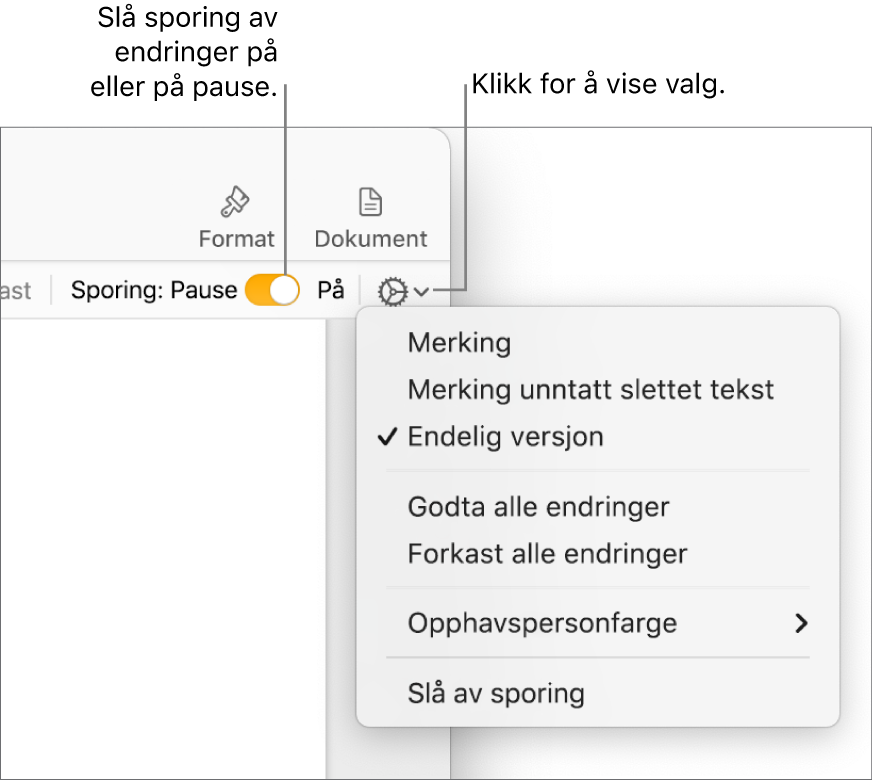 Menyen for sporingsvalg, med Slå av sporing nederst og forklaringer for Sporing på- og Pause-knappene.