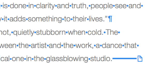 Text afișând simboluri pentru spații, o întrerupere de paragraf și de secțiune.