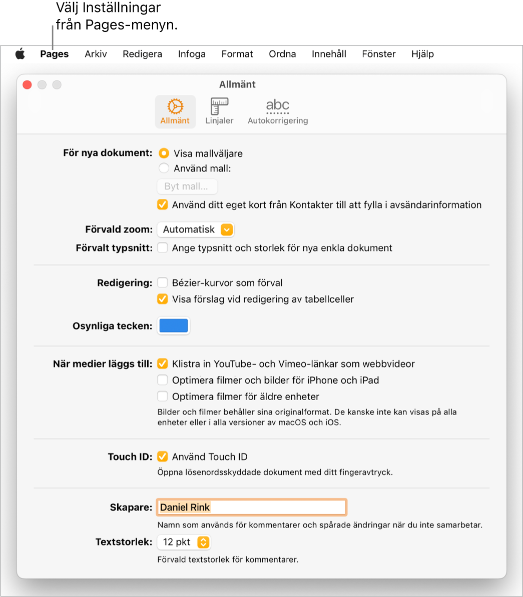 Pages-inställningspanelen visar fliken Allmänt.