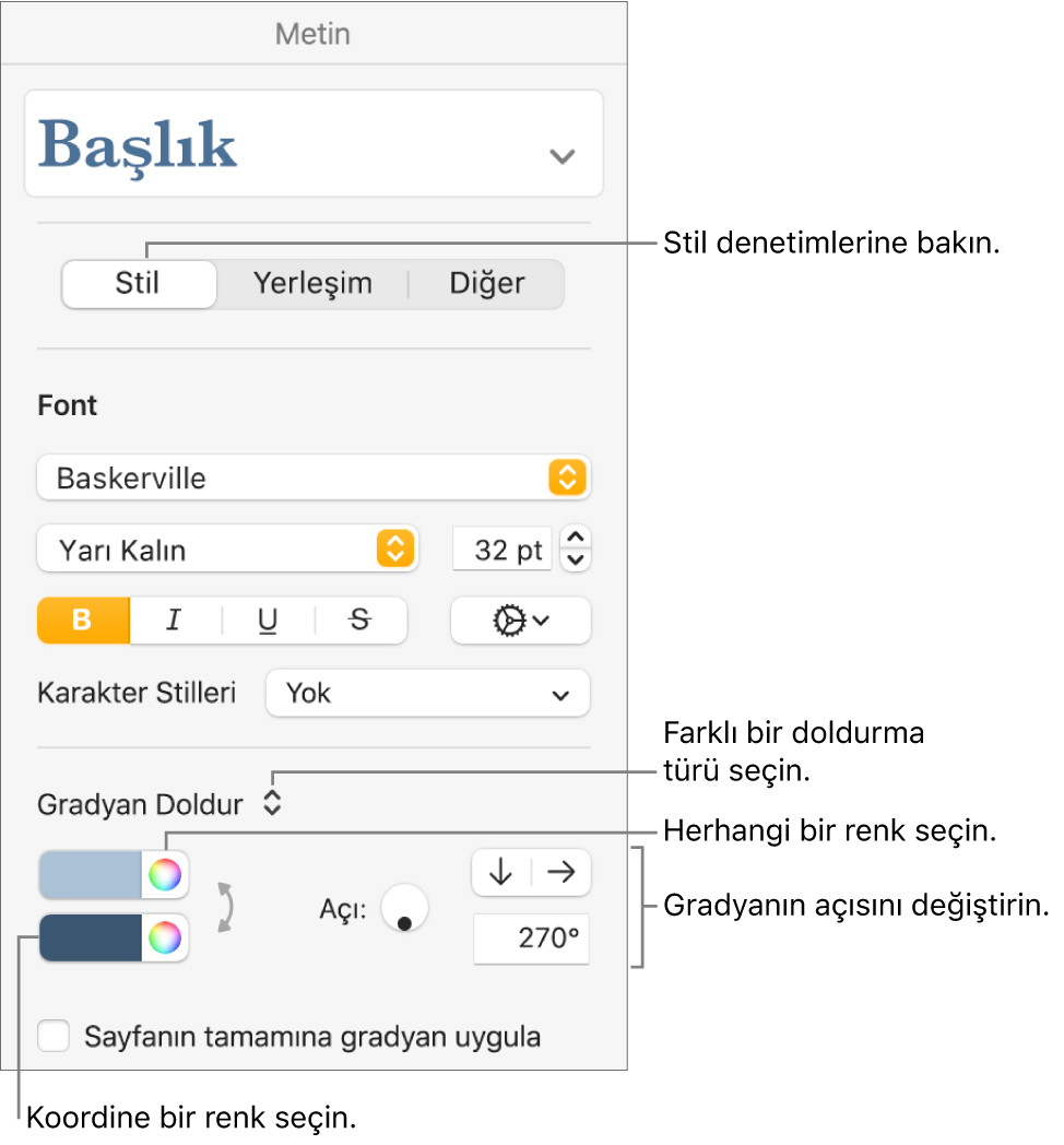 Önceden tasarlanmış renkleri veya herhangi bir rengi seçmek için denetimler.