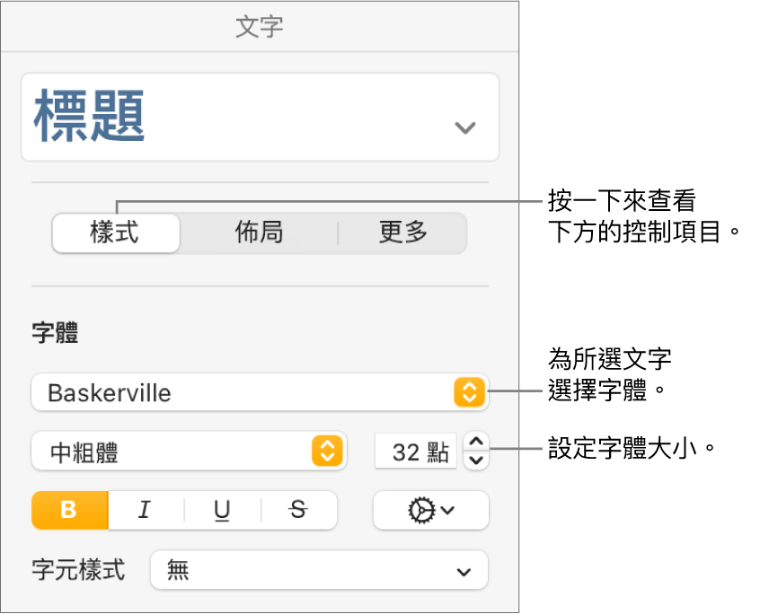 「格式」側邊欄「樣式」區域中的文字控制項目,可設定字體和字體大小。