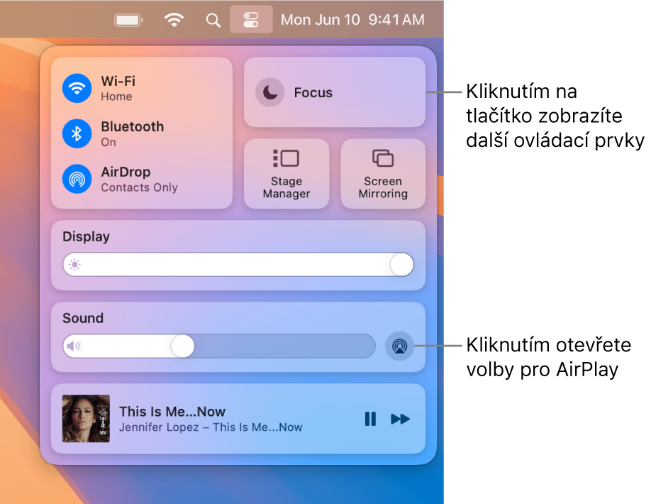 Přiblížené zobrazení Ovládacího centra na Macu s popiskem u tlačítka Monitor