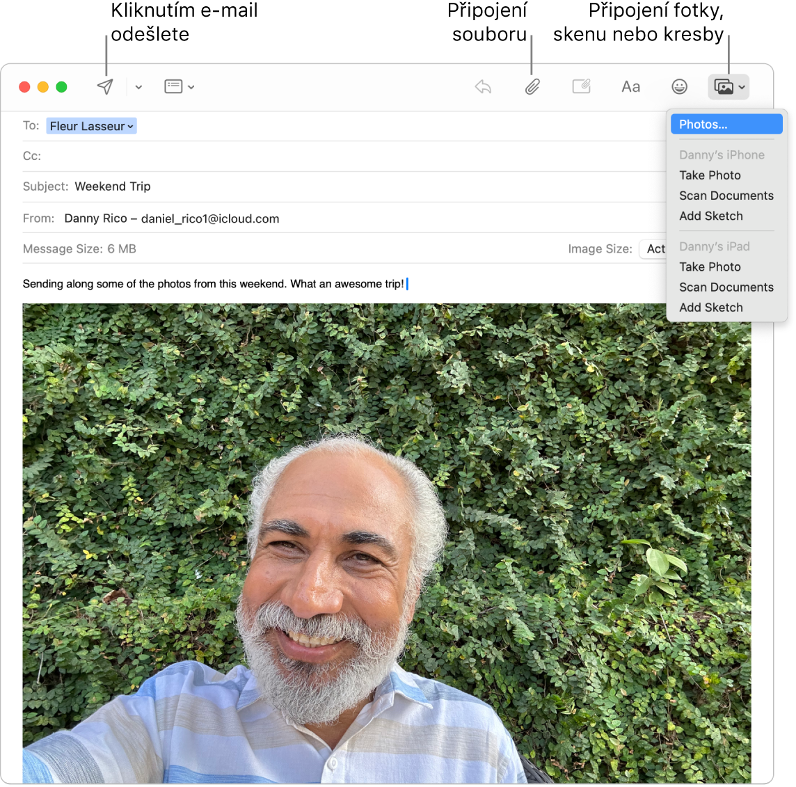 Okno Mailu s rozepsaným konceptem nové zprávy. Místní nabídka zobrazuje volby pro přiložení fotek, pořízení fotky, naskenování dokumentu nebo přidání kresby z Dannyho iPhonu nebo iPadu