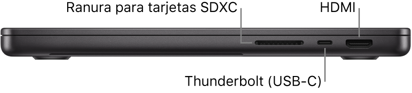 Vista lateral derecha de una MacBook Pro de 14 pulgadas con textos que indican la ranura para tarjetas SDXC, un puerto Thunderbolt 4 (USB-C) y el puerto HDMI.