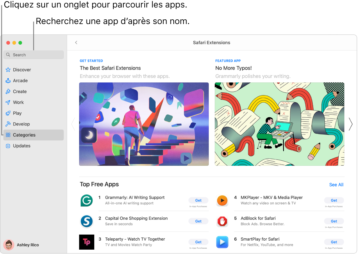 La fenêtre de l’App Store affichant le champ de recherche et une page d’extensions Safari.