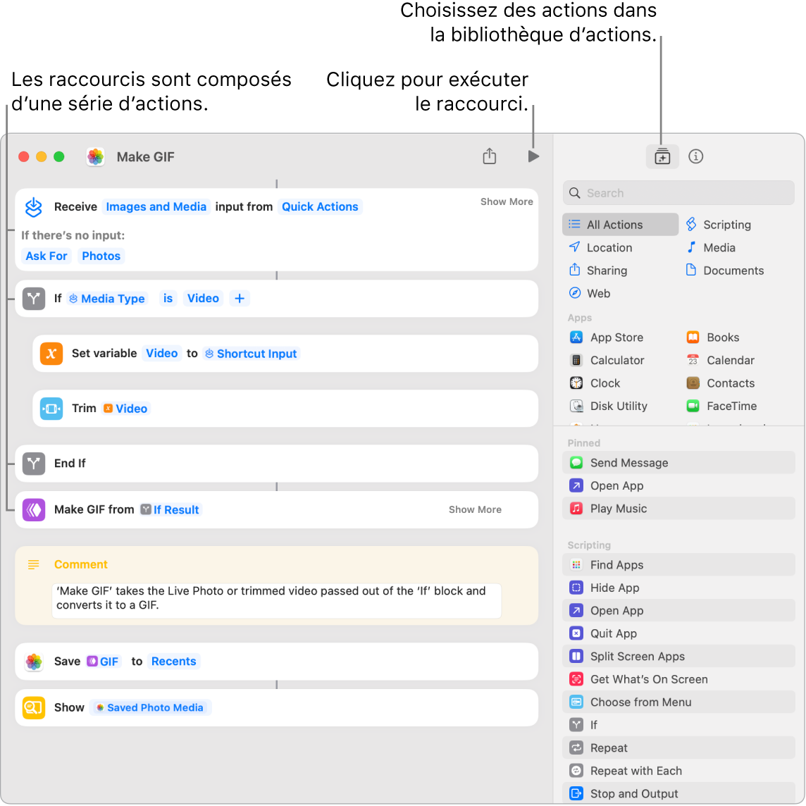 L’éditeur de raccourcis « Créer GIF » sur la gauche et la bibliothèque d’actions sur la droite.