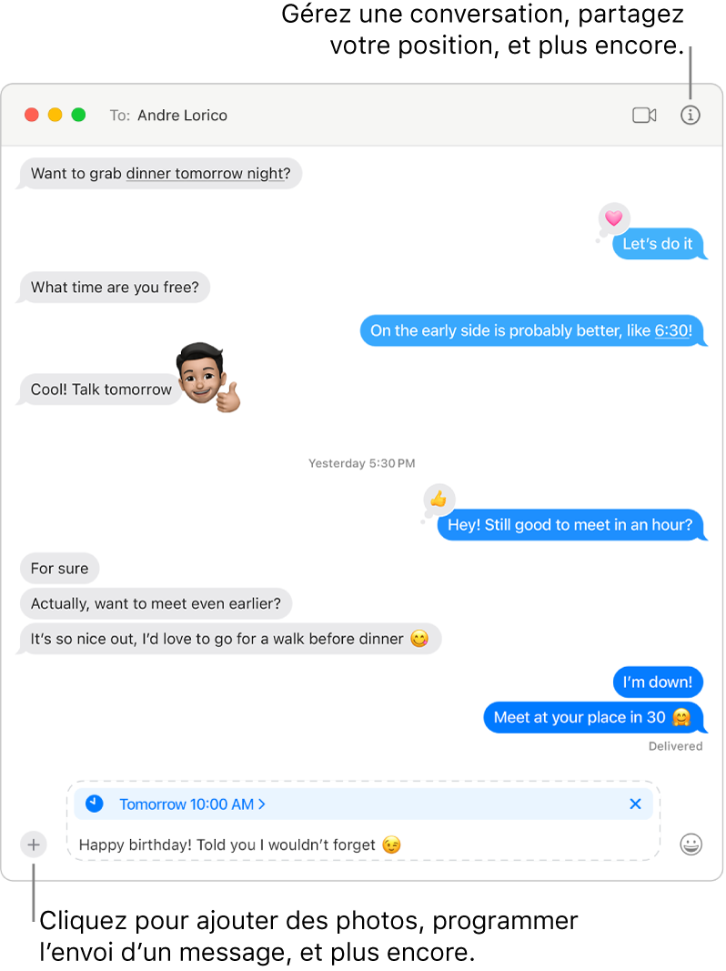 Une fenêtre Messages affichant une conversation. Une message est programmé pour être envoyé Demain à 10 heures. Le message dit « Bon anniversaire ! Je t’avais dit que je n’oublierai pas. »