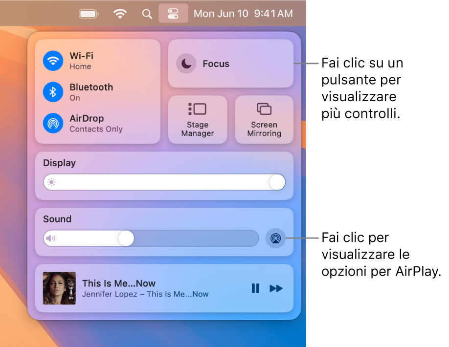 Vista ingrandita di Centro di Controllo sul Mac con una didascalia per il pulsante Mostra.