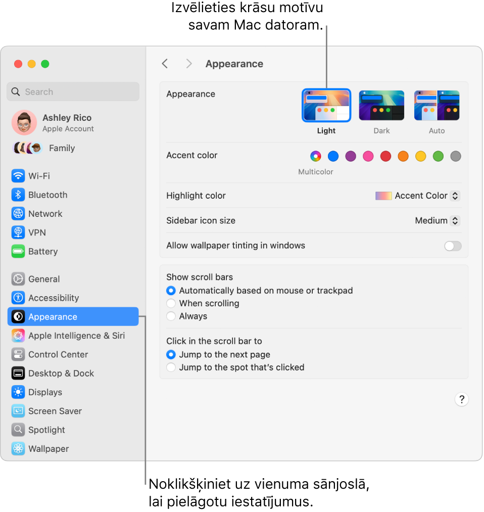 Appearance logs izvēlnē System Settings.