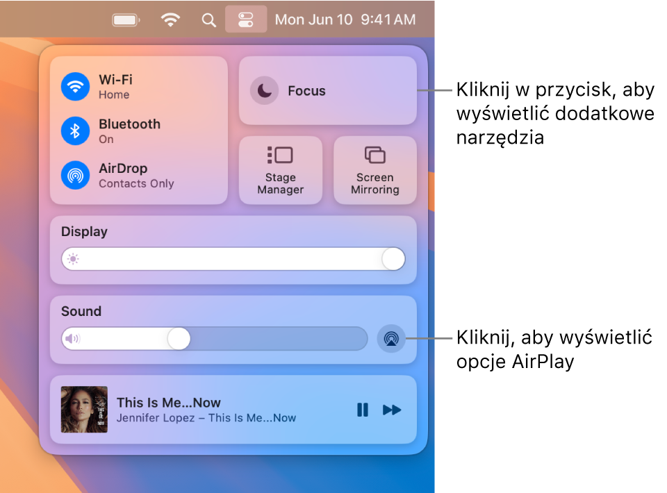 Powiększony widok centrum sterowania na Macu z opisem wskazującym przycisk Monitor.