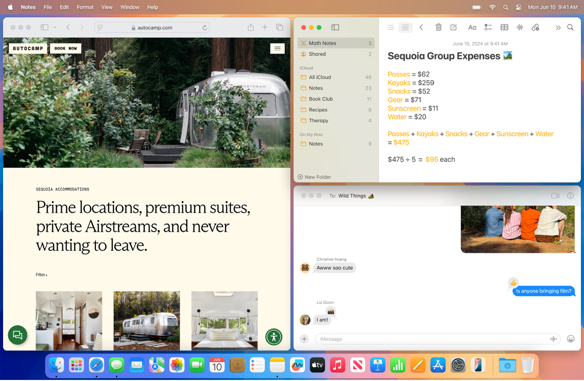 Mac zobrazujúci apky Safari, Poznámky a Správy.