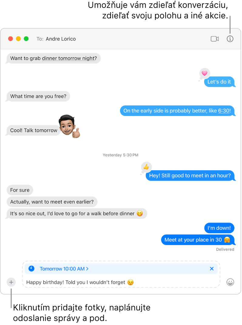 Okno apky Správy zobrazujúce konverzáciu. Správa je naplánovaná na odoslanie Zajtra o 10:00. V správe sa píše „Všetko najlepšie k narodeninám! Vravel som ti, že nezabudnem.“