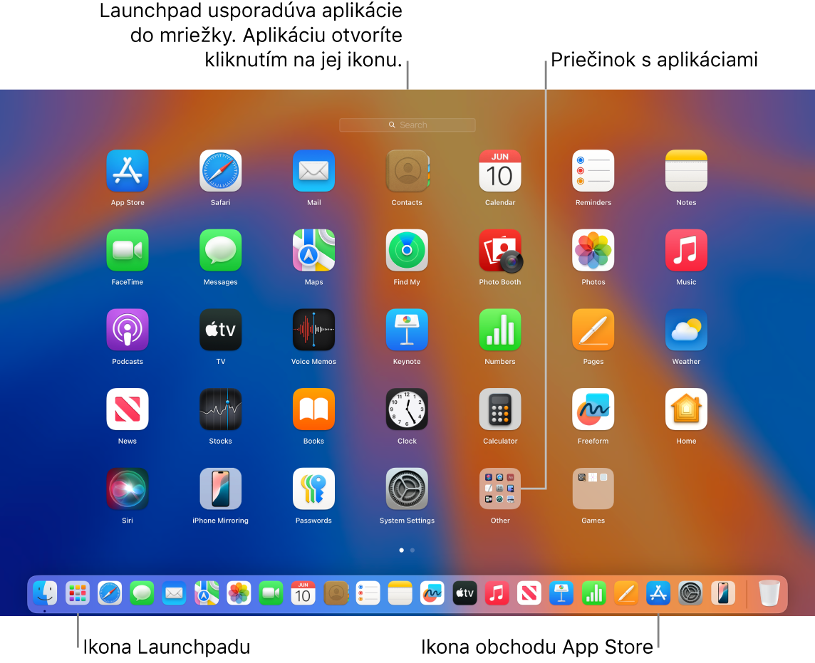 Ikona Launchpadu v Docku a otvorené okno Launchpadu zobrazujúce rôzne apky usporiadané v mriežke na obrazovke Macu.