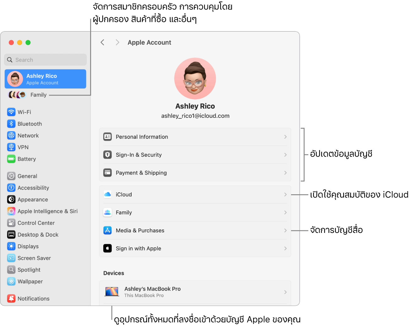 การตั้งค่าบัญชี Apple ในการตั้งค่าระบบที่มีตัวชี้บรรยายไปยังการอัปเดตข้อมูลบัญชี, เปิดใช้หรือปิดใช้คุณสมบัติ iCloud, จัดการบัญชีสื่อ และครอบครัว ซึ่งคุณสามารถจัดการสมาชิกครอบครัว การควบคุมโดยผู้ปกครอง การซื้อสินค้า และอื่นๆ ได้