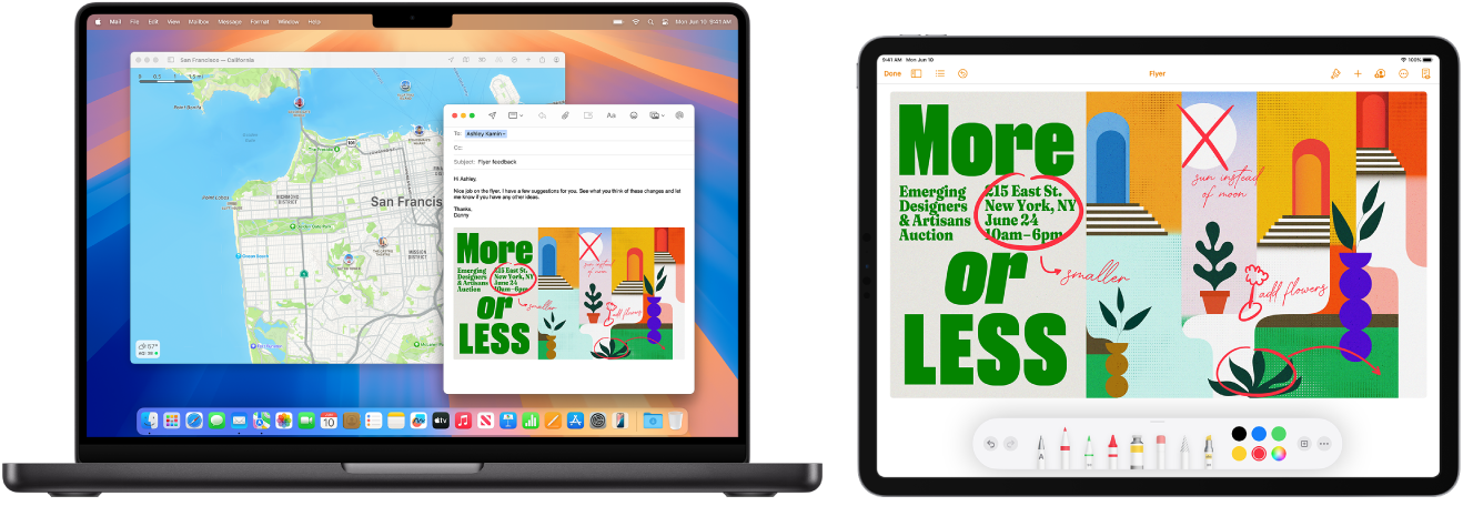 MacBook Pro และ iPad อยู่ติดกัน หน้าจอ iPad แสดงใบปลิวที่มีคำอธิบายประกอบ หน้าจอ MacBook Pro มีข้อความเมลที่มีใบปลิวที่ใส่คำอธิบายประกอบจาก iPad เป็นไฟล์แนบ