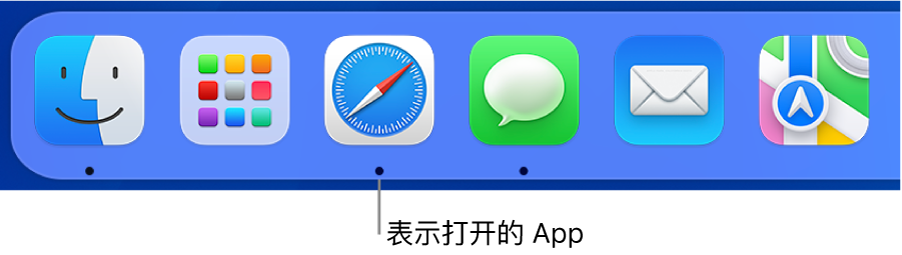 程序坞的一部分,显示打开的 App 下面的黑色圆点。